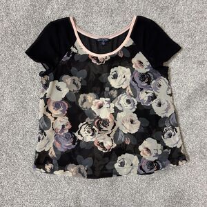 Samantha Ralph Lauren Shirt Womens Small Floral Sheer Short Sleeve Blouse Top